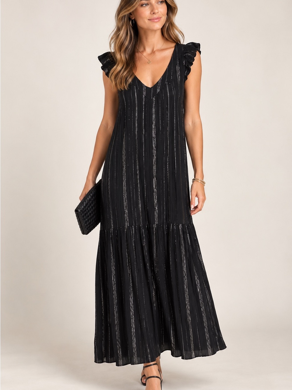 FRNCH Black Silver Metallic Stripe Ruffle Maxi Dress